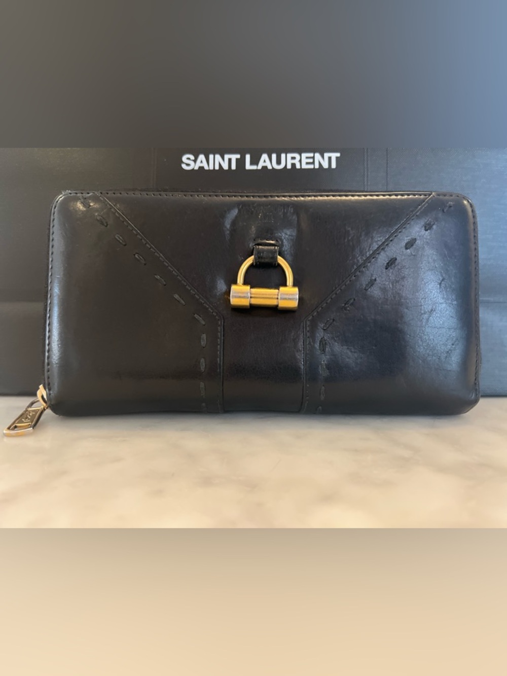 Saint Laurent Black Leather Muse Zip around Long Wallet with Gold Hardware
